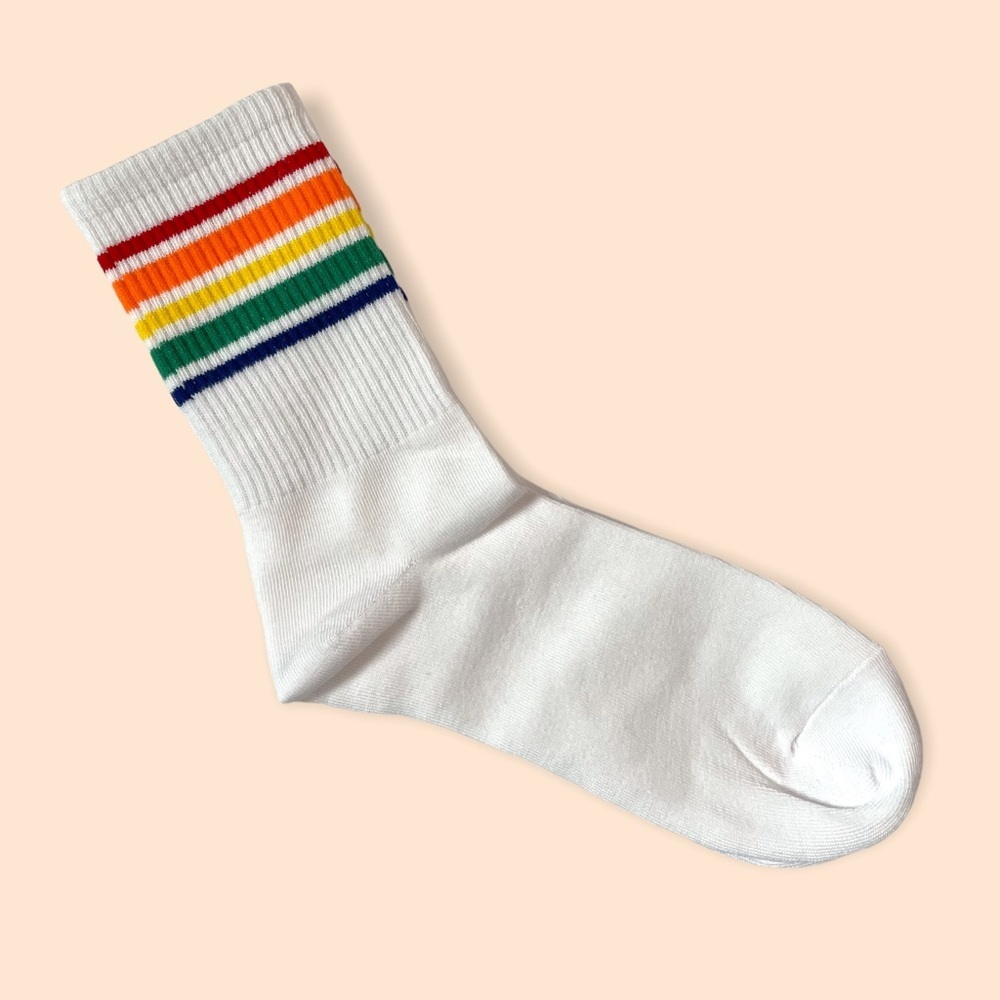 Novelty Crew Socks White Ribbed With Rainbow Athletic Stripes Woven Around Ankle